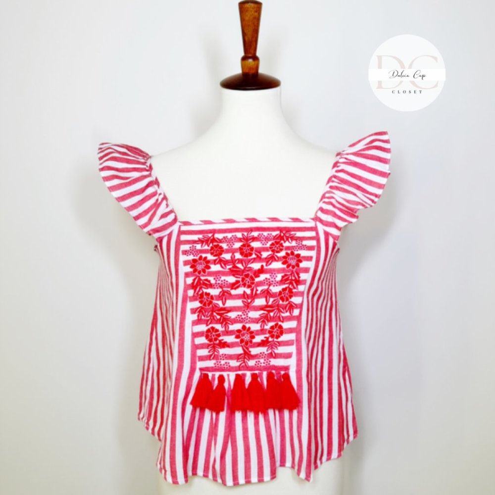 ZARA Red Striped Embroidered Sleeveless Top Size XS.